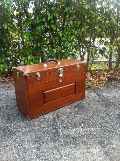 Oak Tool box repaired, stripped and refinished 
Replaced all the handles